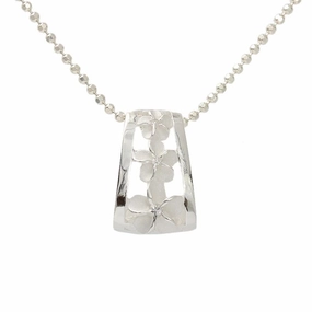 Sterling Silver 3 Plumeria with CZ Oval Barrel Pendant (Chain Sold Separately)