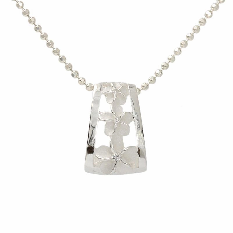 Sterling Silver 3 Plumeria with CZ Oval Barrel Pendant (Chain Sold Separately)