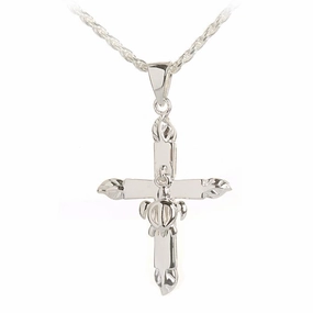Sterling Silver 4 Leaves with Honu (Hawaiian Turtle) Shiny Cross Pendant (Chain Sold Separately)