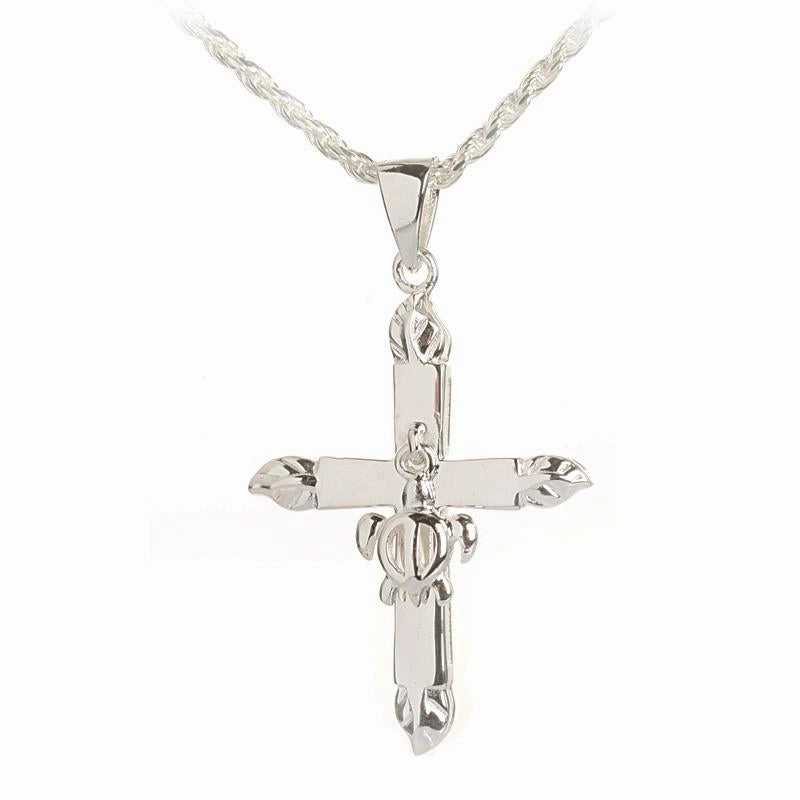 Sterling Silver 4 Leaves with Honu (Hawaiian Turtle) Shiny Cross Pendant (Chain Sold Separately)