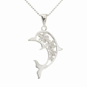 Sterling Silver 4 Plumeria with CZ in Dolphin Flat Pendant (Chain Sold Separately)