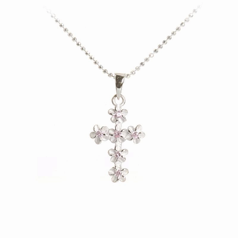 Sterling Silver 4mm Plumeria with Pink CZ Cross Pendant (Chain Sold Separately)