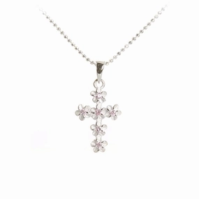 Sterling Silver 4mm Plumeria with Pink CZ Cross Pendant (Chain Sold Separately)
