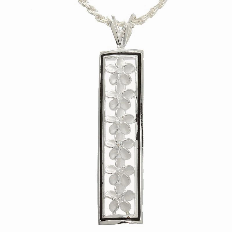 Sterling Silver 6 Plumeria with CZ Black Border Vertical Pendant (Chain Sold Separately)