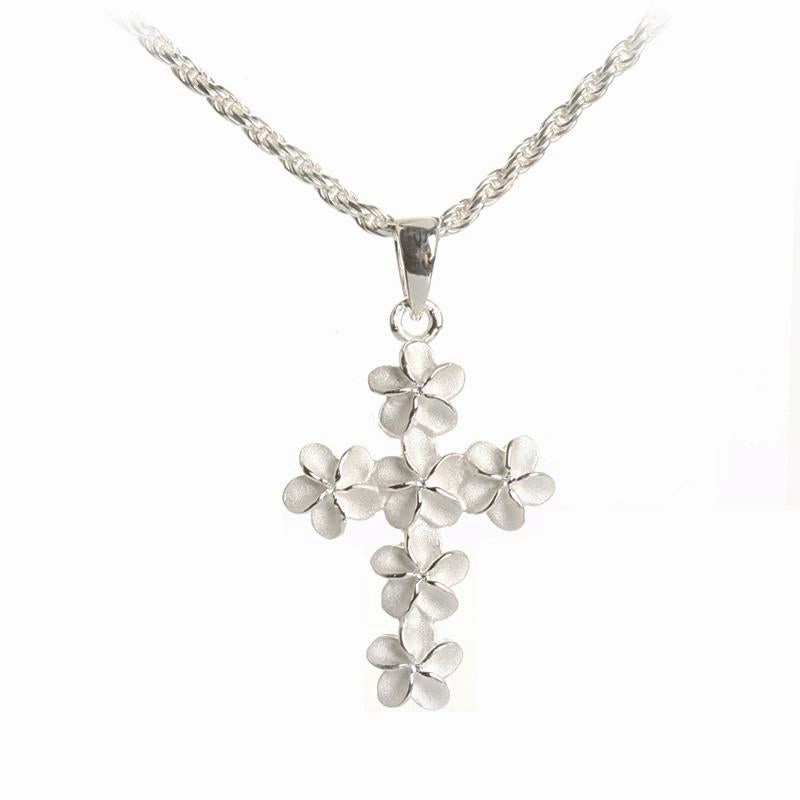 Sterling Silver 6mm Plumeria Cross Pendant (Chain Sold Separately)