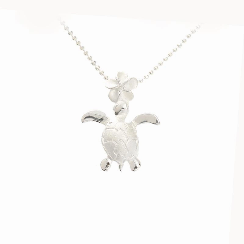 Sterling Silver 6mm Plumeria with CZ and Honu (Hawaiian Turtle) Pendant (Chain Sold Separately)