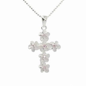 Sterling Silver 6mm Plumeria with Pink CZ Cross Pendant (Chain Sold Separately)
