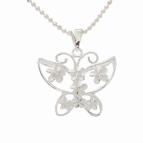 Sterling Silver 7 Plumeria with CZ Butterfly Pendant (Chain Sold Separately)