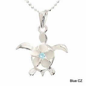 Sterling Silver 8mm Plumeria with Blue CZ in Honu (Hawaiian Turtle) Pendant (Chain Sold Separately)