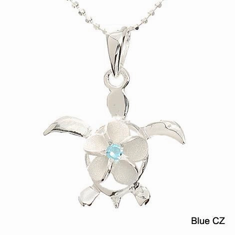 Sterling Silver 8mm Plumeria with Blue CZ in Honu (Hawaiian Turtle) Pendant (Chain Sold Separately)