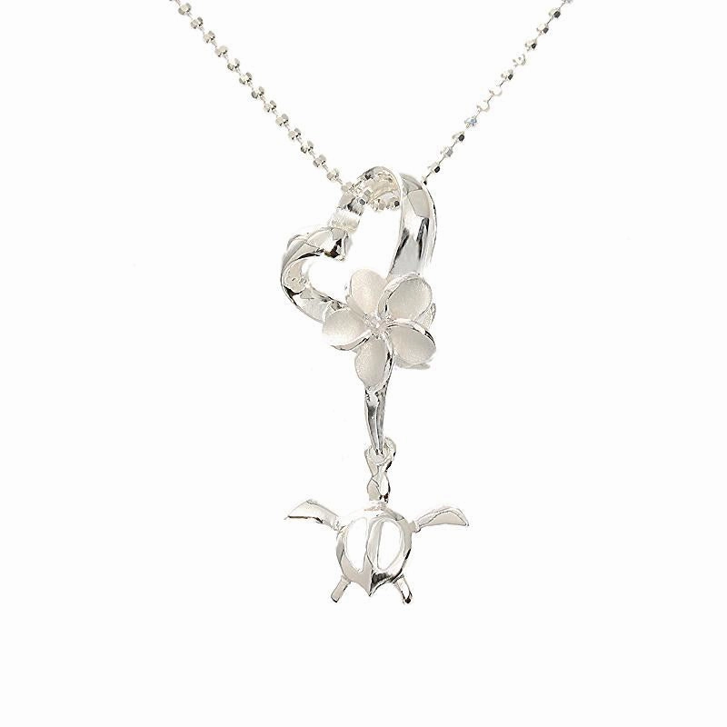 Sterling Silver 8mm Plumeria with CZ , Heart and Honu (Hawaiian Turtle) Pendant (Chain Sold Separately)