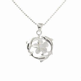 Sterling Silver 8mm Plumeria with CZ in Dolphin Circle Pendant (Chain Sold Separately)