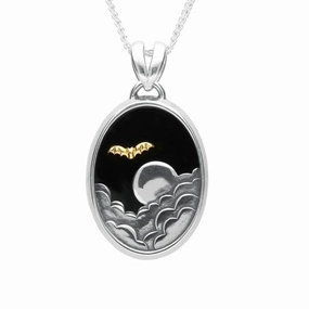 Sterling Silver 9ct Yellow Gold Whitby Jet Oval Moon Bat Necklace