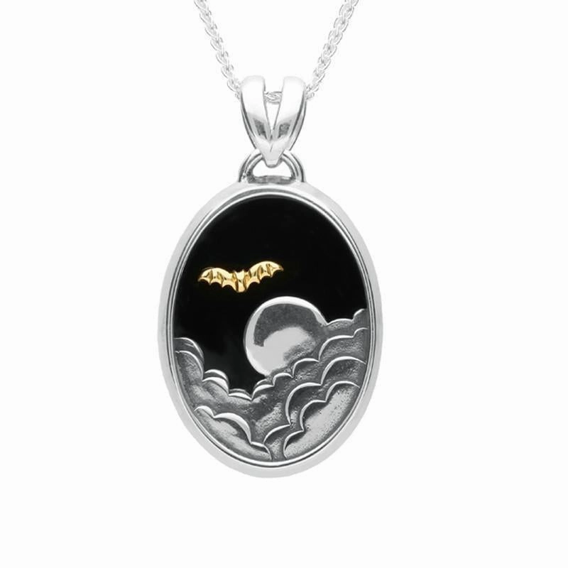 Sterling Silver 9ct Yellow Gold Whitby Jet Oval Moon Bat Necklace