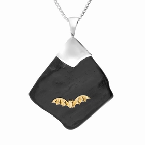 Sterling Silver 9ct Yellow Gold Whitby Jet Rough Abstract Bat Necklace D