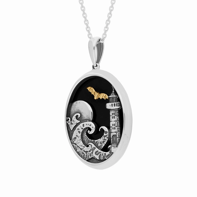 Sterling Silver 9ct Yellow Gold Whitby Jet Whitby Lighthouse and Bat Oval Necklace