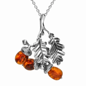 Sterling Silver Amber Acorns and Leaves Necklace