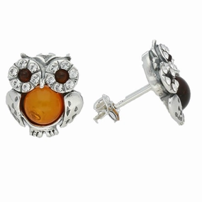 Sterling Silver Amber and Cubic Zirconia Owl Stud Earrings