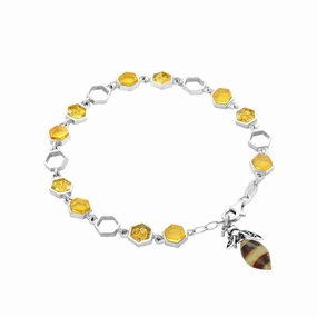 Sterling Silver Amber Bee Honeycomb Bracelet