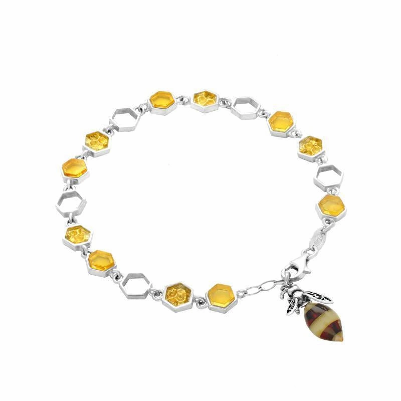 Sterling Silver Amber Bee Honeycomb Bracelet