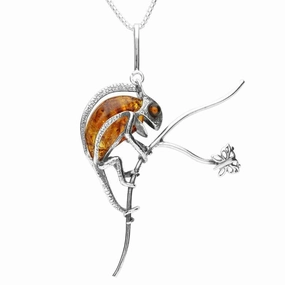 Sterling Silver Amber Chameleon On Branch Necklace