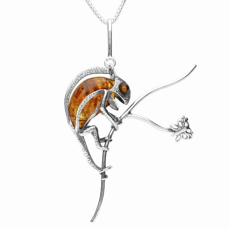 Sterling Silver Amber Chameleon On Branch Necklace