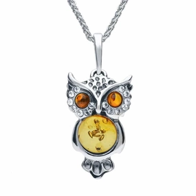 Sterling Silver Amber Cubic Zirconia Owl Medium Necklace