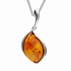 Sterling Silver Amber Curved Pear Necklace