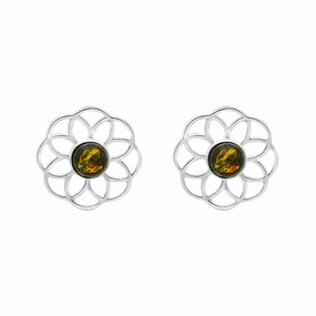 Sterling Silver Amber Flower Stud Earrings