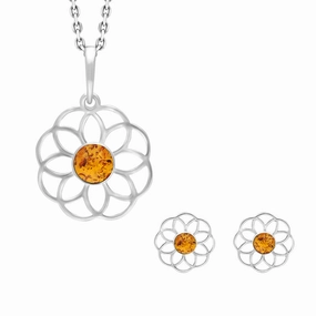 Sterling Silver Amber Flower Two Piece Set