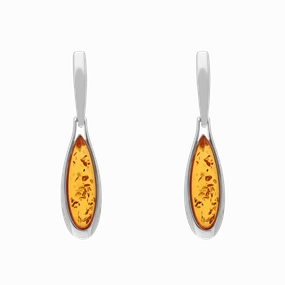 Sterling Silver Amber Long Pear Drop Earrings