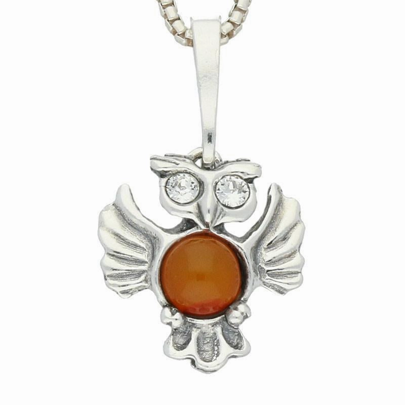Sterling Silver Amber Open Winged Owl Extra Small Necklace