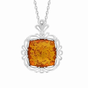 Sterling Silver Amber Ornate Edged Necklace