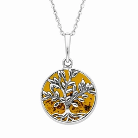 Sterling Silver Amber Small Round Large Leaves Tree of Life Necklace