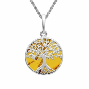 Sterling Silver Amber Small Round Tree Of Life Necklace