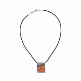 Sterling Silver Amber Square Black Cord Necklace D
