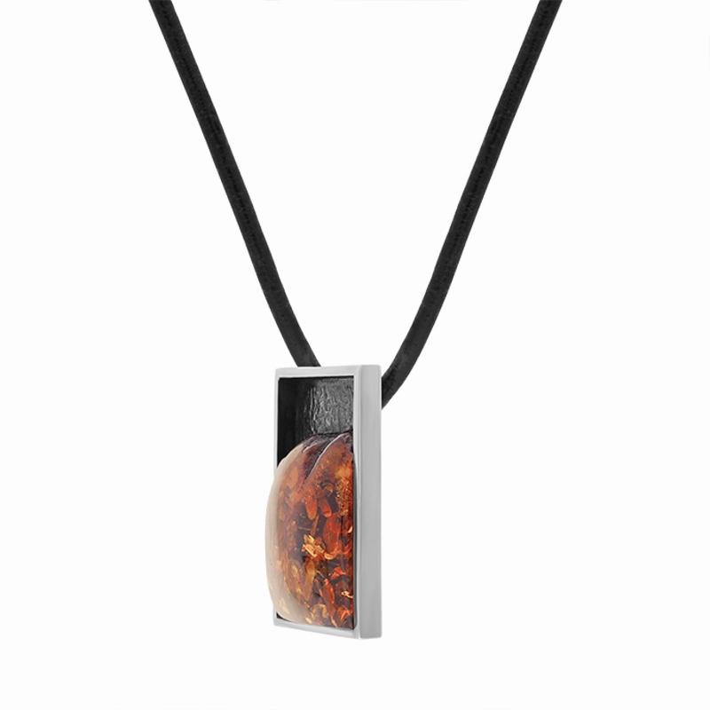 Sterling Silver Amber Square Black Cord Necklace D