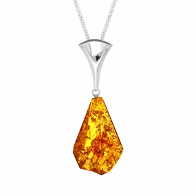 Sterling Silver Amber Teardrop Shape Pendant Necklace D