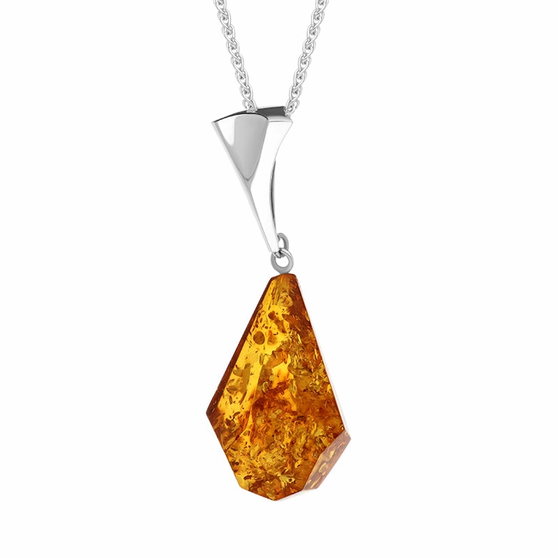 Sterling Silver Amber Teardrop Shape Pendant Necklace D
