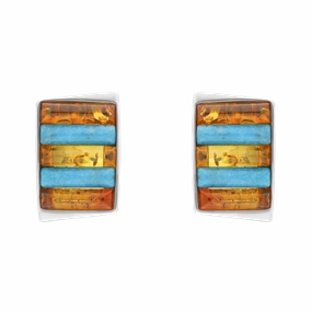 Sterling Silver Amber Turquoise Oblong Stud Earrings D