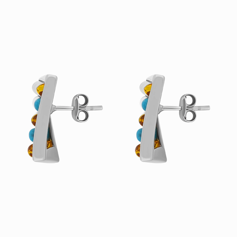 Sterling Silver Amber Turquoise Oblong Stud Earrings D