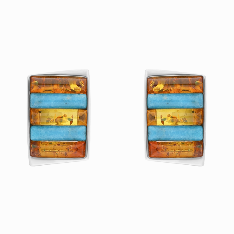 Sterling Silver Amber Turquoise Oblong Stud Earrings D