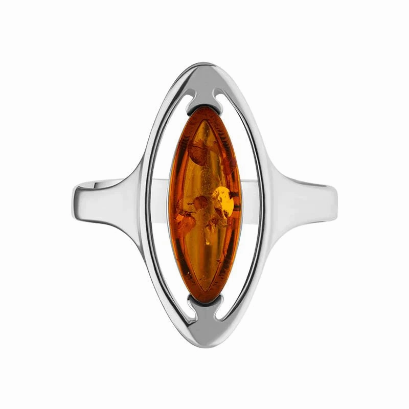 Sterling Silver Baltic Amber Open Marquise Ring