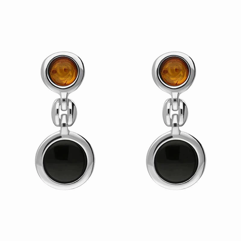 Sterling Silver Baltic Amber Whitby Jet Graduated Drop Earrings