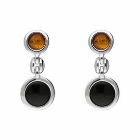 Sterling Silver Baltic Amber Whitby Jet Graduated Drop Earrings