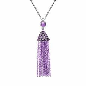 Sterling Silver Black Rhodium Amethyst Round Cascade Tassel Necklace D