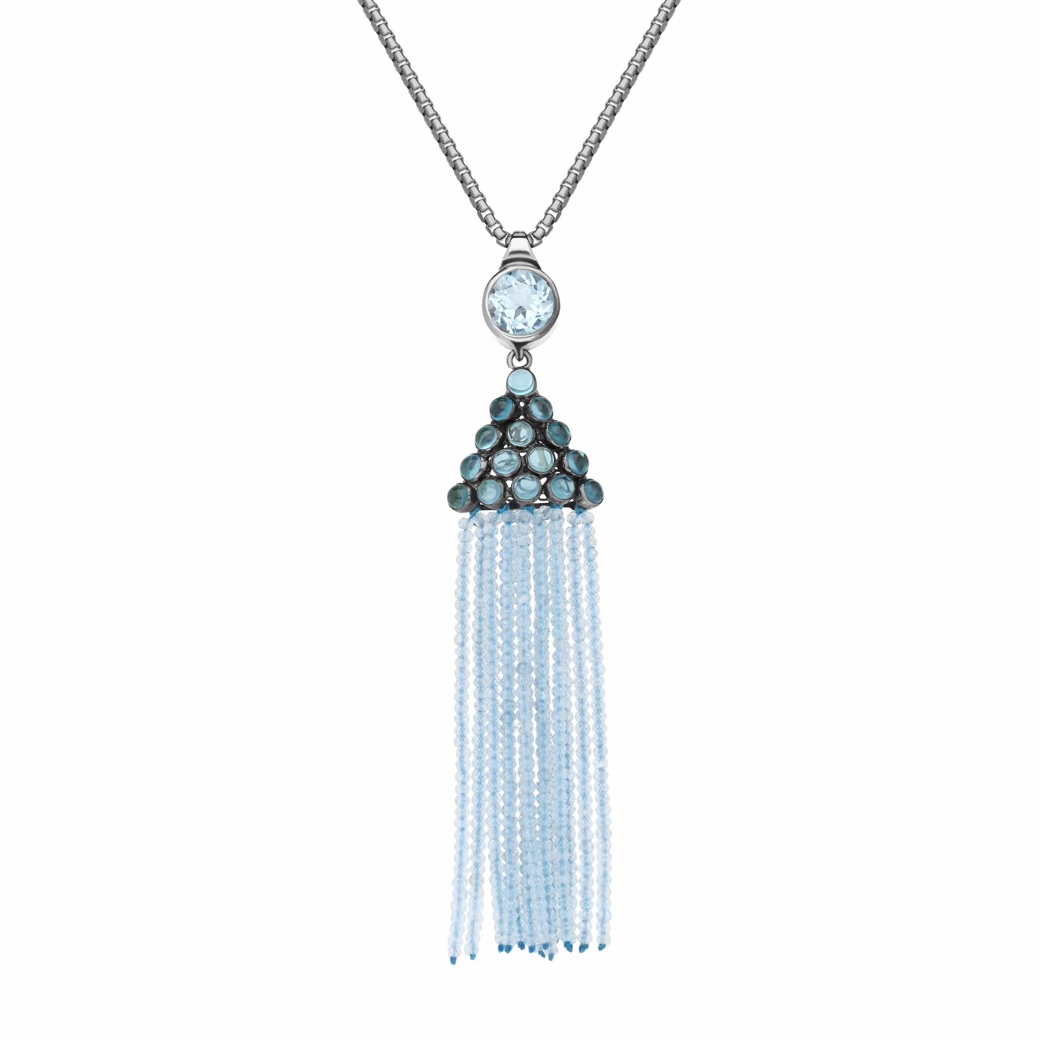 Sterling Silver Black Rhodium Blue Topaz Round Cascade Tassel Necklace D