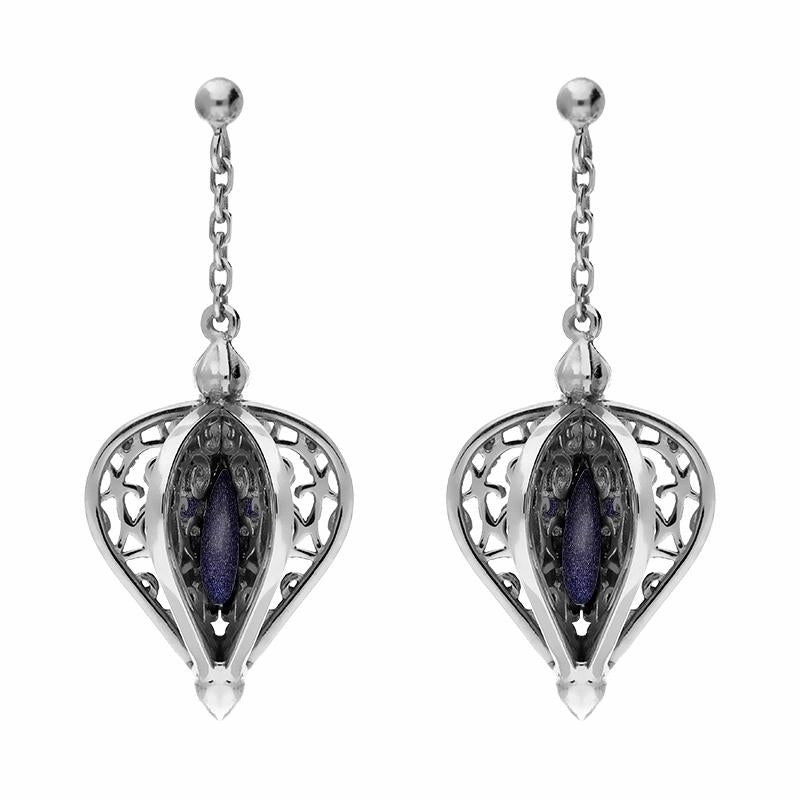 Sterling Silver Blue Goldstone Flore Filigree Drop Earrings