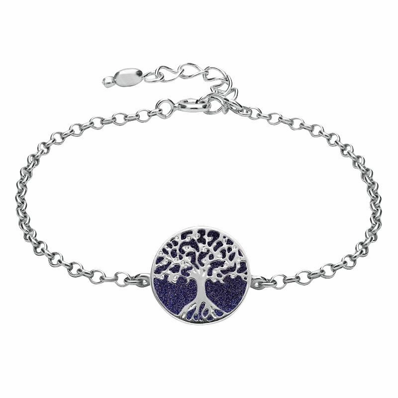 Sterling Silver Blue Goldstone Round Tree of Life Chain Bracelet