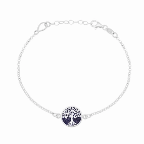Sterling Silver Blue Goldstone Round Tree of Life Chain Bracelet